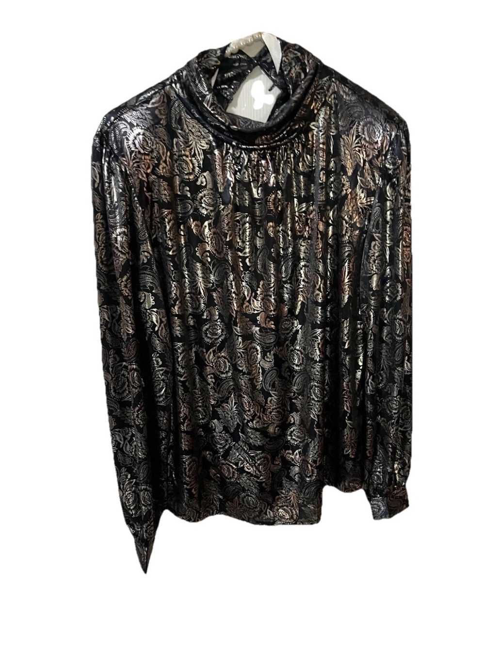 Vintage 90’s Lauren Lee Disco Blouse Top Black Gold Size 10Puff Sleeve High Neck